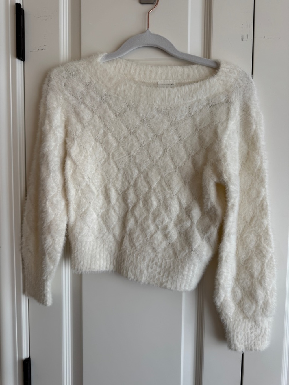 abercrombie kids Cream Fuzzy Diamond Knit Crewneck Sweater